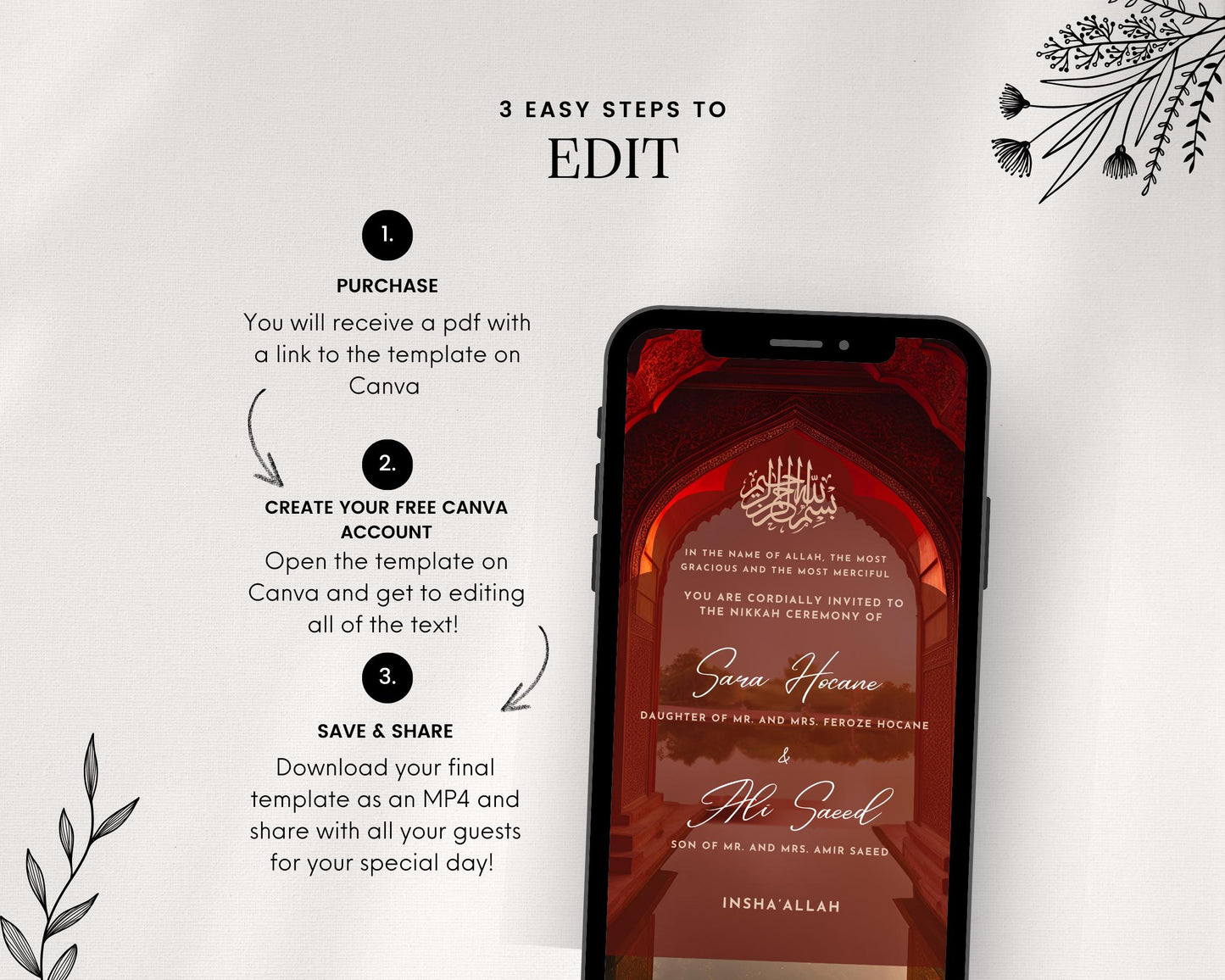 Animated Red Baraat Shaadi Engagement Regal Nikkah Wedding Digital Desi Muslim Invitation Card Template Instant Download Floral Mughal