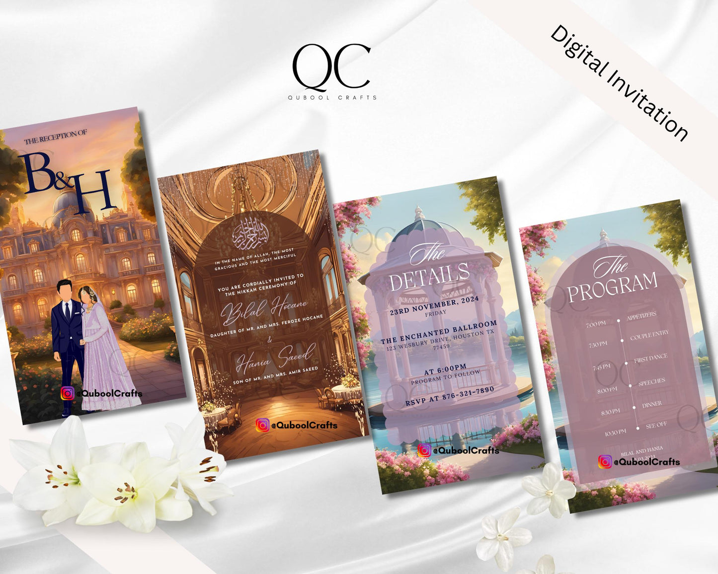 Animated Reception Walima Shaadi Nikkah Engagement Wedding Digital Desi Muslim Invitation Card Template Ice Blue Instant Floral Purple
