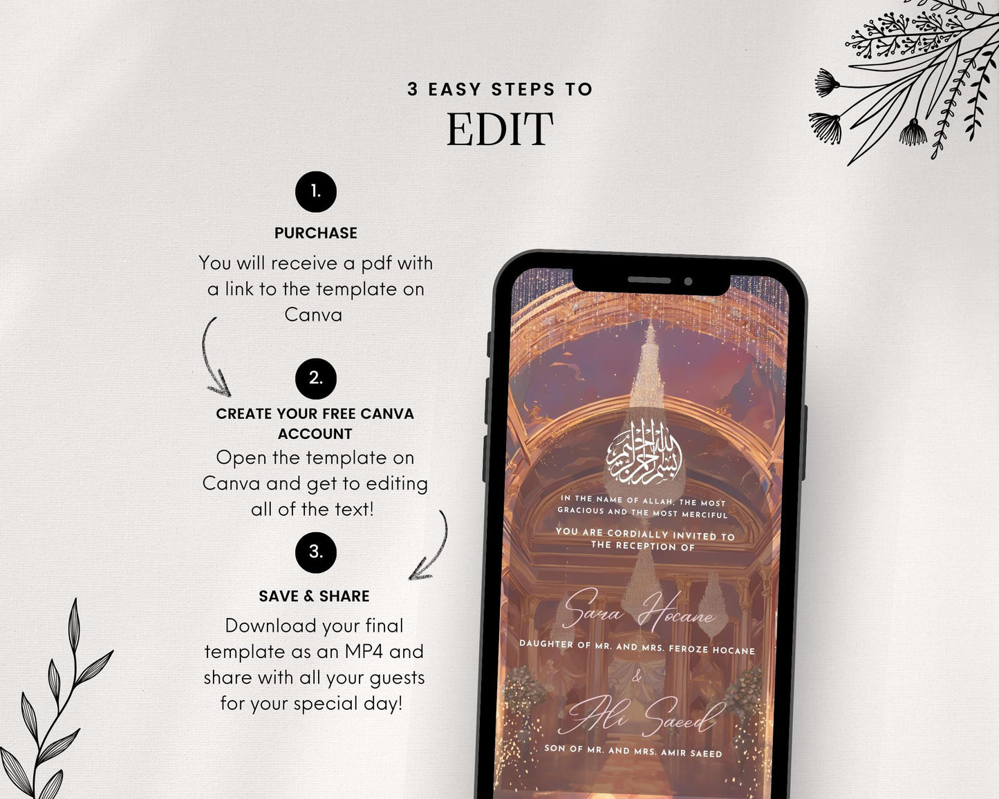 Animated Reception Walima Shaadi Nikkah Engagement Wedding Digital Desi Muslim Invitation Card Template Ice Blue Instant Floral Pink Peach