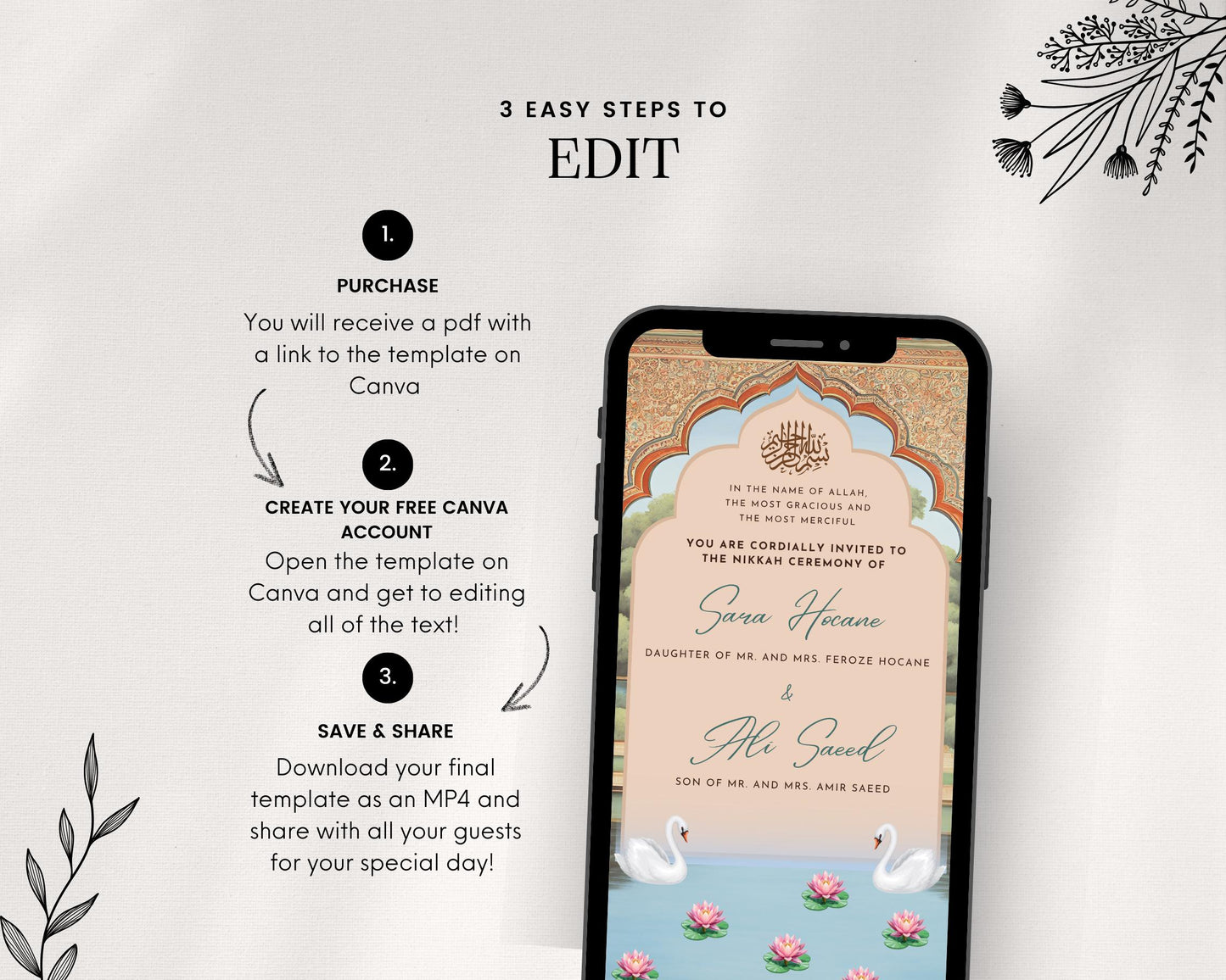 Animated Gold White Nikkah Engagement Walima Shaadi Wedding Digital Desi Muslim Invitation Card Template Blue Instant Download Floral Mughal