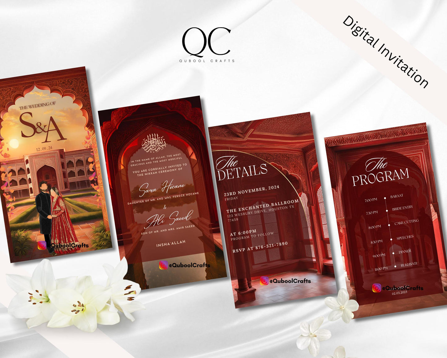 Animated Red Baraat Shaadi Engagement Regal Nikkah Wedding Digital Desi Muslim Invitation Card Template Instant Download Floral Mughal