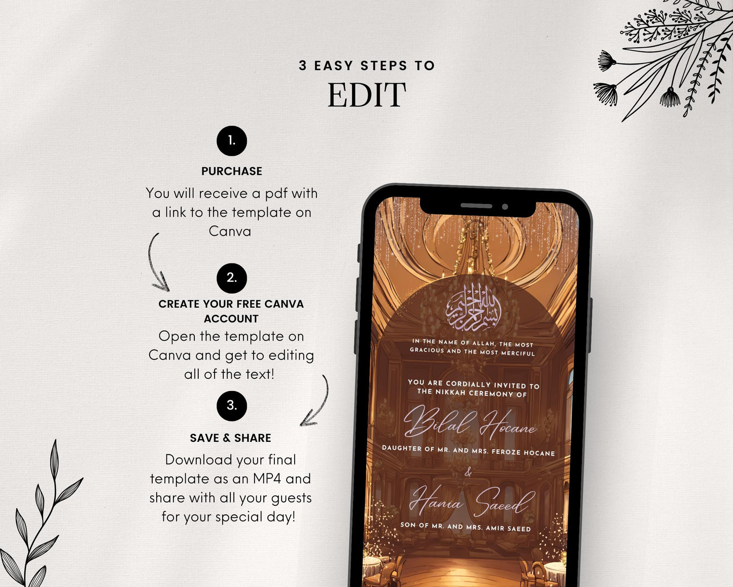 Animated Reception Walima Shaadi Nikkah Engagement Wedding Digital Desi Muslim Invitation Card Template Ice Blue Instant Floral Purple