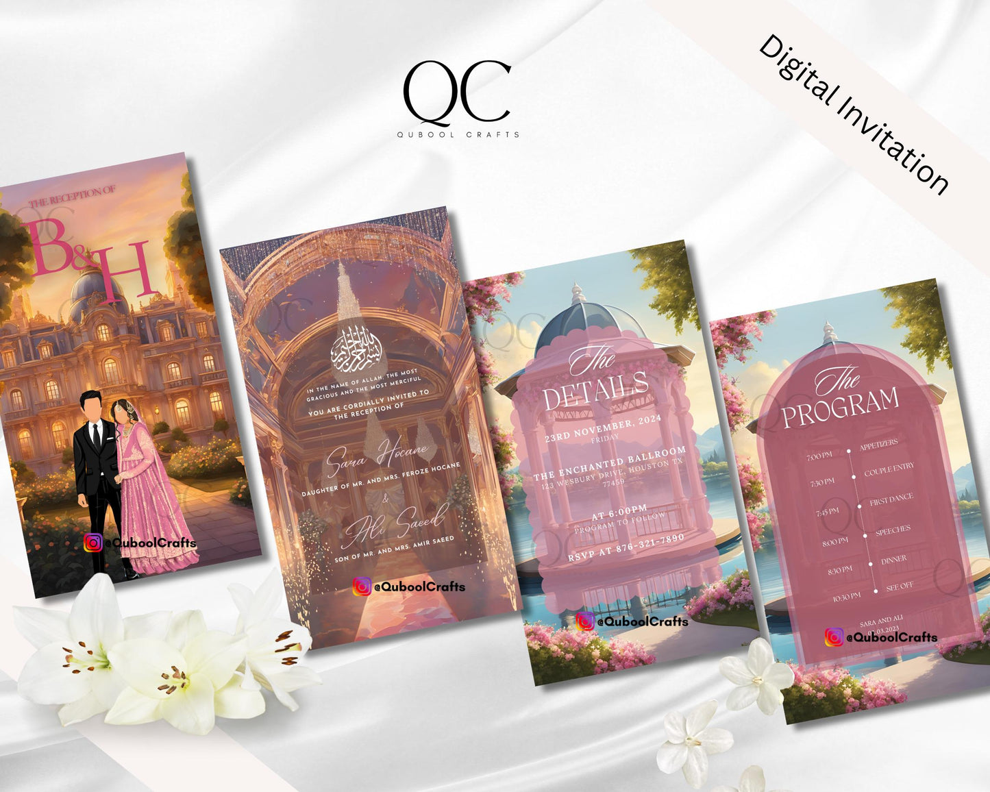 Animated Reception Walima Shaadi Nikkah Engagement Wedding Digital Desi Muslim Invitation Card Template Ice Blue Instant Floral Pink Peach
