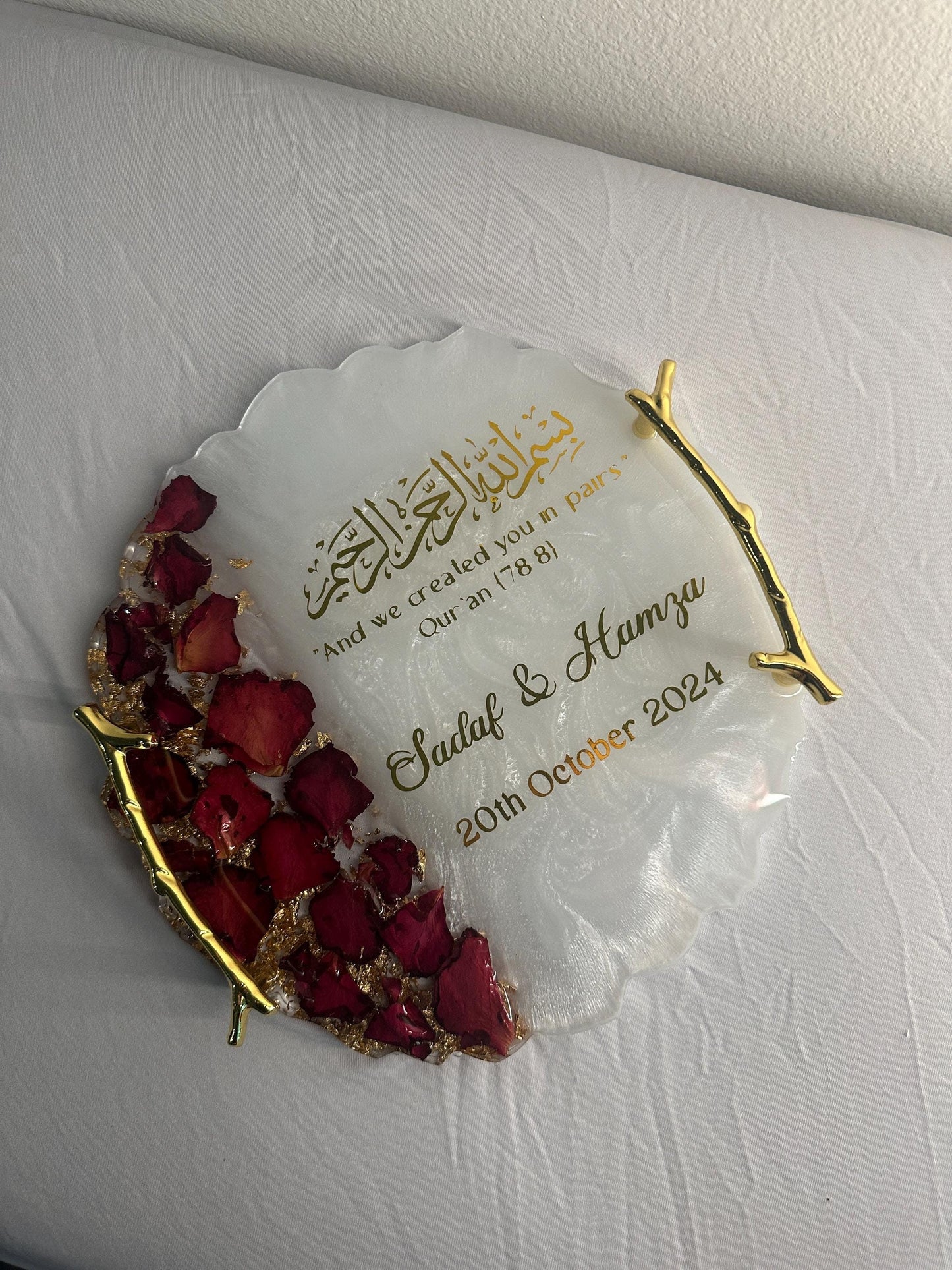 Personalized Resin Nikkah Ring Trays Ring Box Islamic Muslim Gifts Wedding Gifts Vinyl Gold White Customized gold branched handles