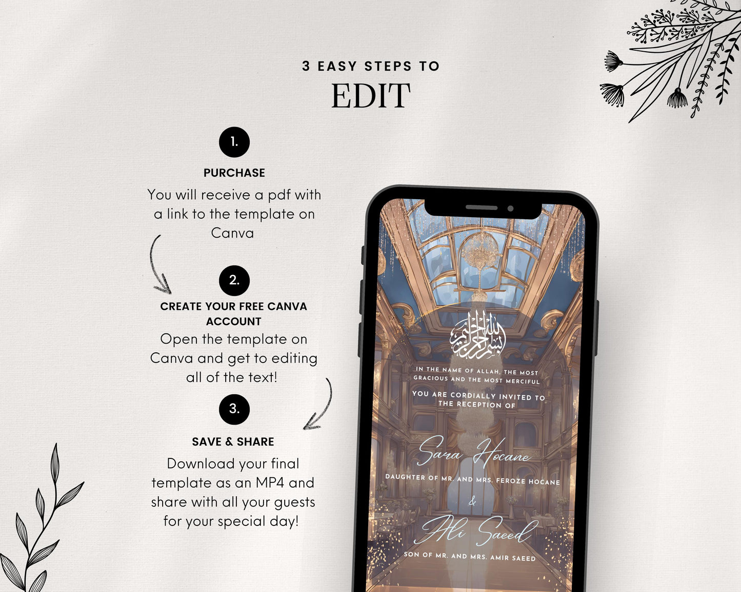 Animated Reception Walima Shaadi Nikkah Engagement Wedding Digital Desi Muslim Invitation Card Template Ice Blue Instant Floral Blue Night