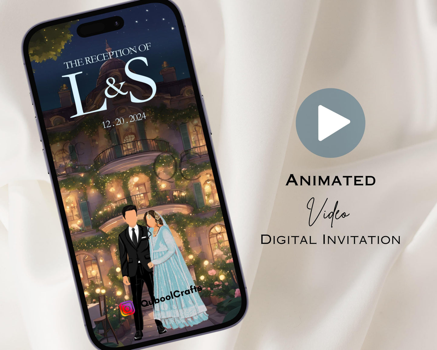 Animated Reception Walima Shaadi Nikkah Engagement Wedding Digital Desi Muslim Invitation Card Template Ice Blue Instant Floral Blue Night