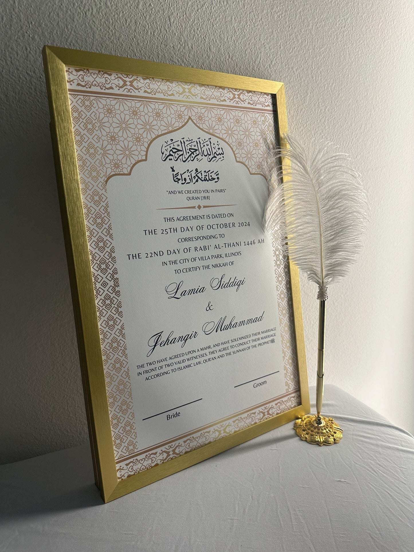 PRINTED Luxury Nikkah Contract Personalized Muslim Cards Nikkanama Muslim Desi Gold Bismillah Tabloid 11x17 Size Physical Nikkah Pen Minimal