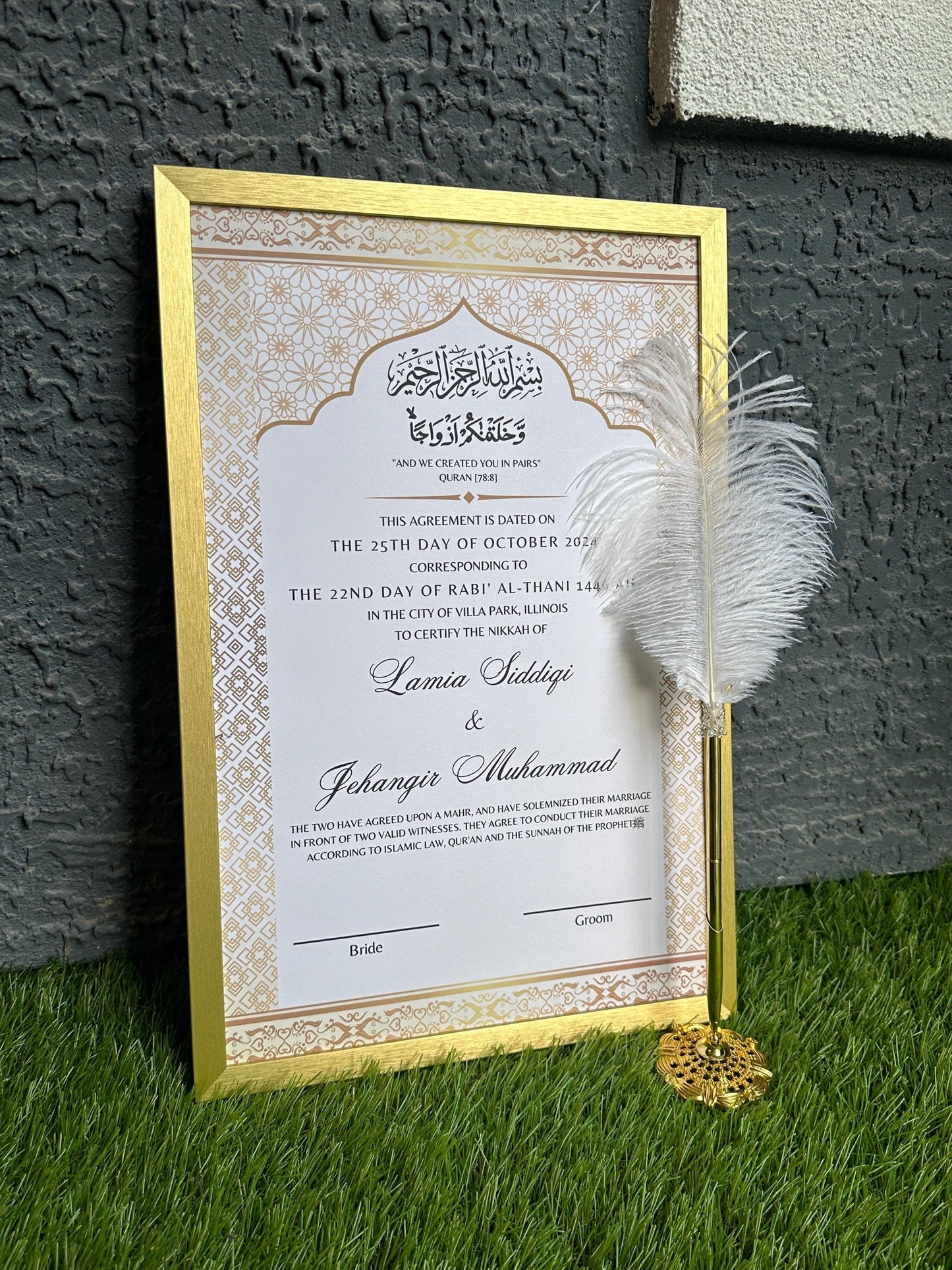 PRINTED Luxury Nikkah Contract Personalized Muslim Cards Nikkanama Muslim Desi Gold Bismillah Tabloid 11x17 Size Physical Nikkah Pen Minimal