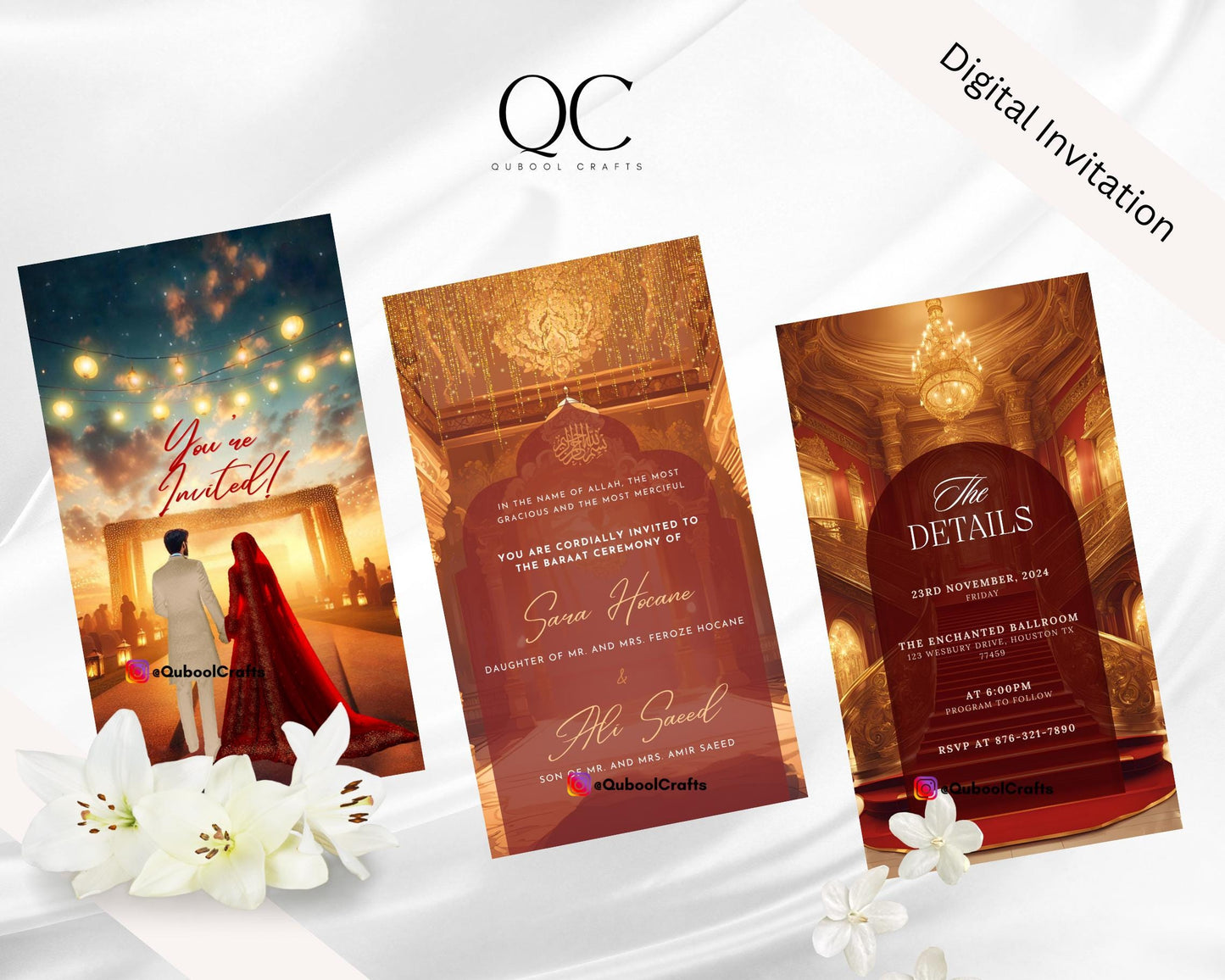 Animated Red Digital Shaadi Nikkah Ceremony Baraat Rececption Wedding Engagement Muslim Desi Invitation Invite Card Template Regal Ivory
