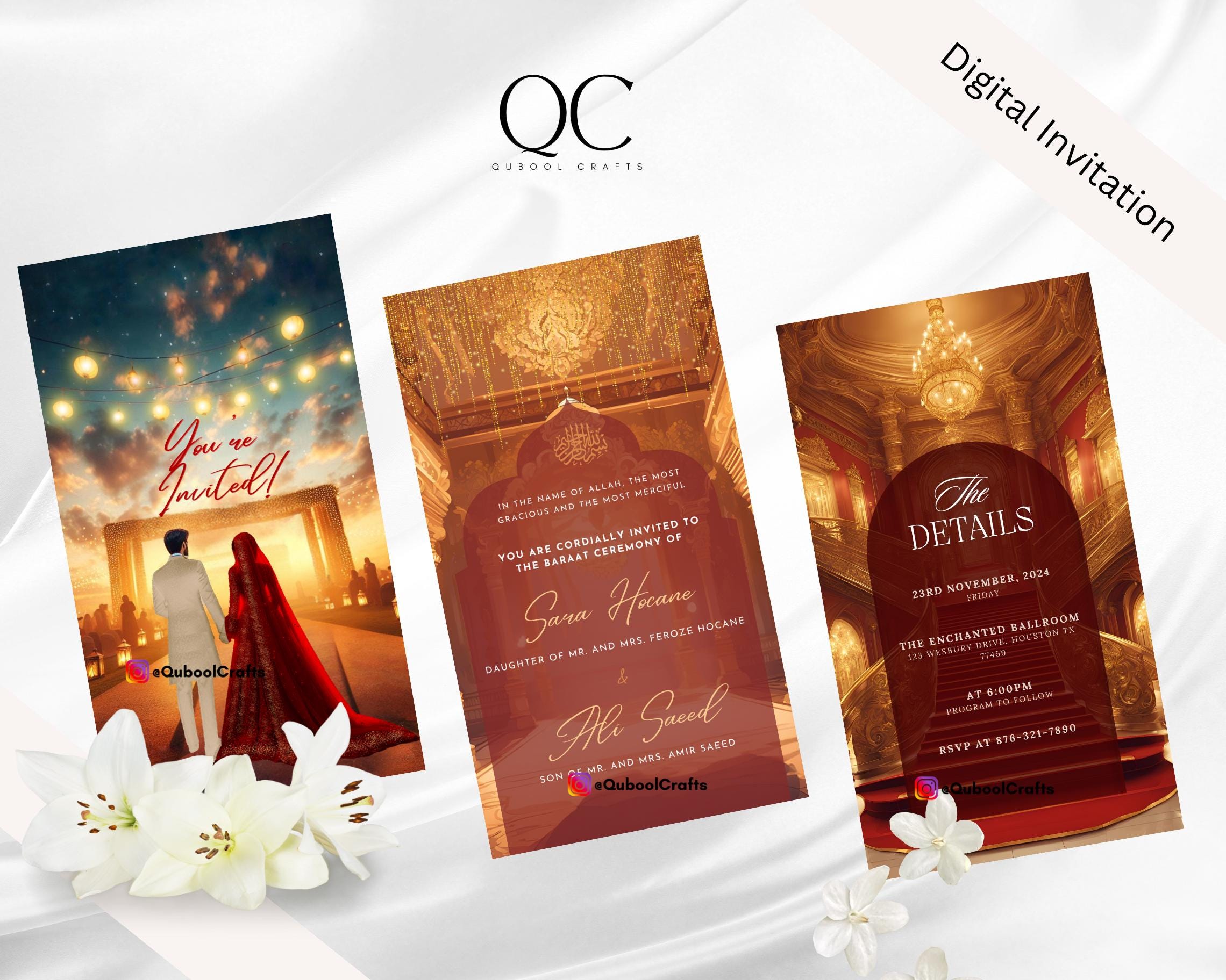 Animated Red Digital Shaadi Nikkah Ceremony Baraat Rececption Wedding Engagement Muslim Desi Invitation Invite Card Template Regal Ivory