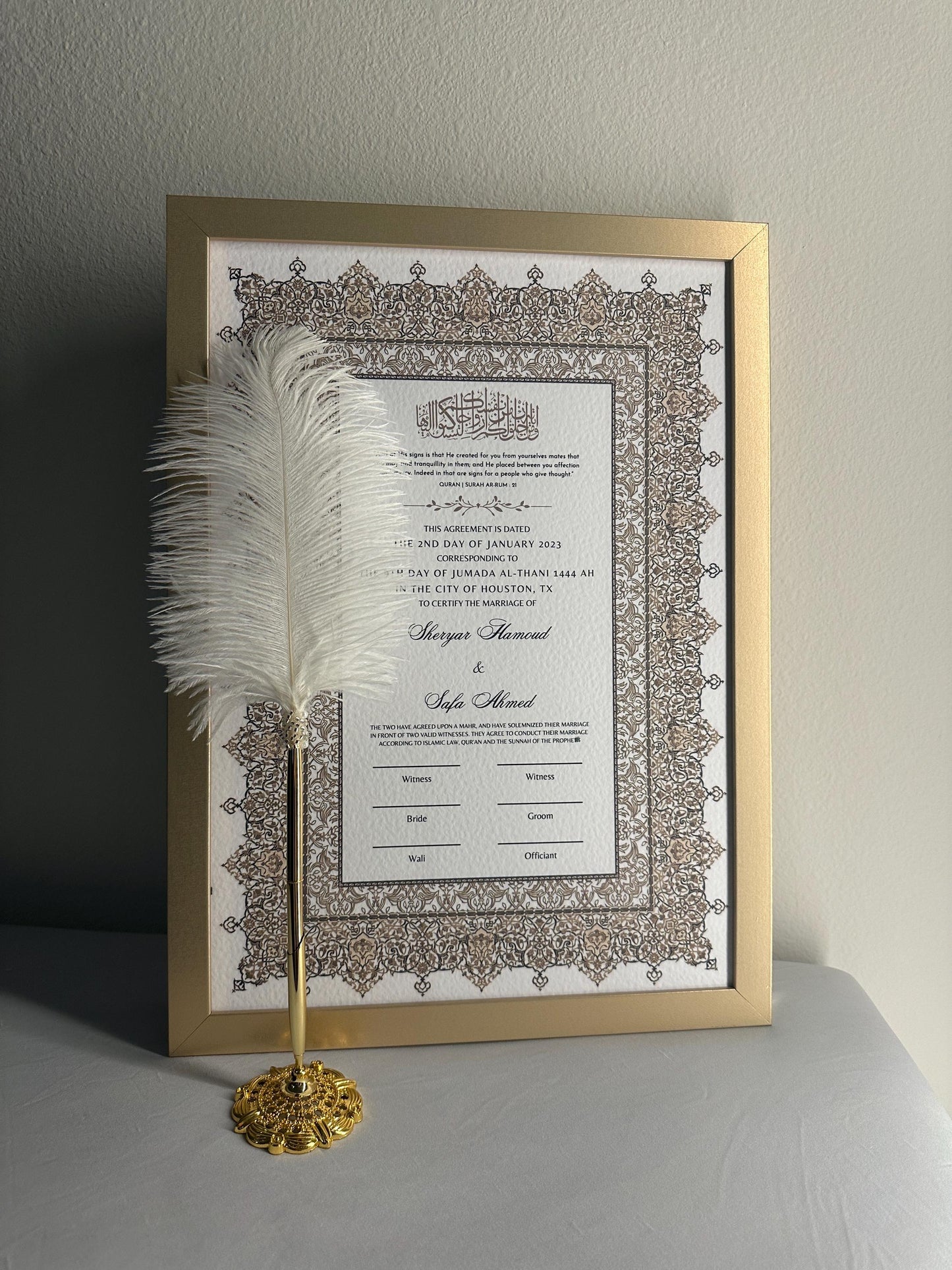 PRINTED A3 Luxury Nikkah Contract Personalized Muslim Cards Nikkanama Gold Bismillah A3 Physical Copy Nikkah Pen With Frame KatbKitab Katb