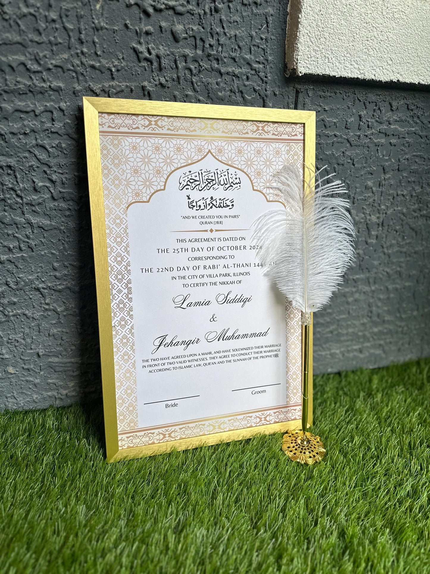 PRINTED Luxury Nikkah Contract Personalized Muslim Cards Nikkanama Muslim Desi Gold Bismillah Tabloid 11x17 Size Physical Nikkah Pen Minimal