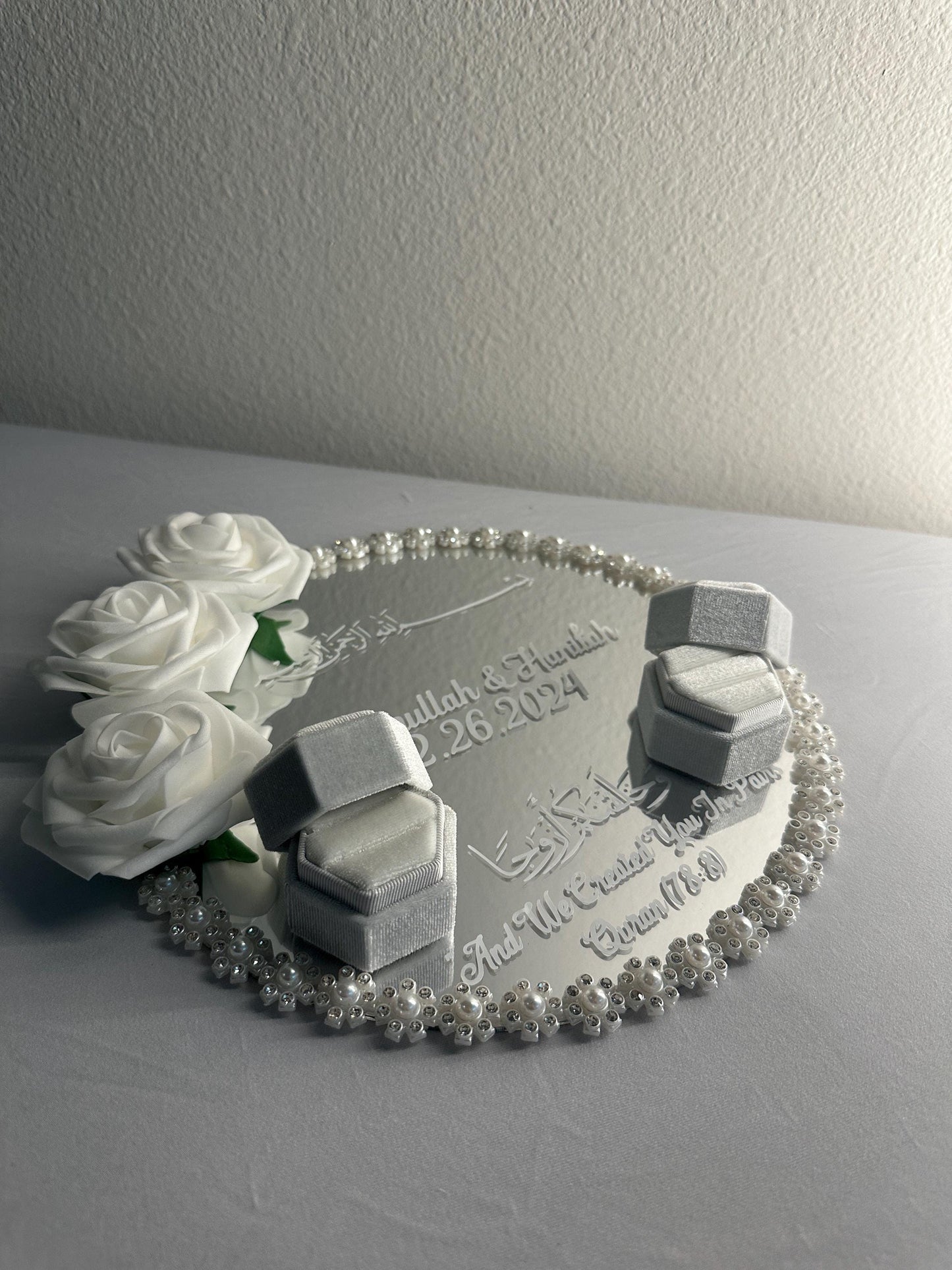 Personalized Mirror Nikkah Ring Trays Ring Box Islamic Muslim Gifts Wedding Gifts Floral Customized Engagement Ring Plate Gifts for Couple
