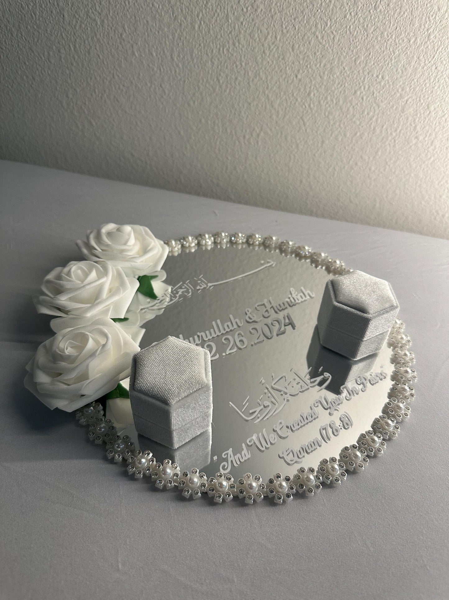 Personalized Mirror Nikkah Ring Trays Ring Box Islamic Muslim Gifts Wedding Gifts Floral Customized Engagement Ring Plate Gifts for Couple
