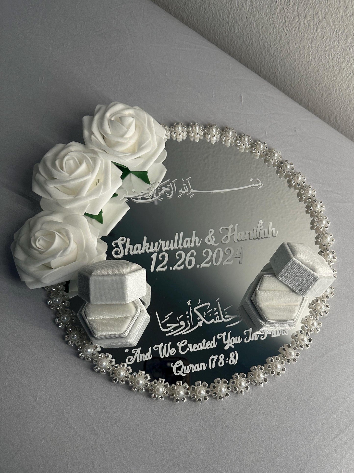 Personalized Mirror Nikkah Ring Trays Ring Box Islamic Muslim Gifts Wedding Gifts Floral Customized Engagement Ring Plate Gifts for Couple