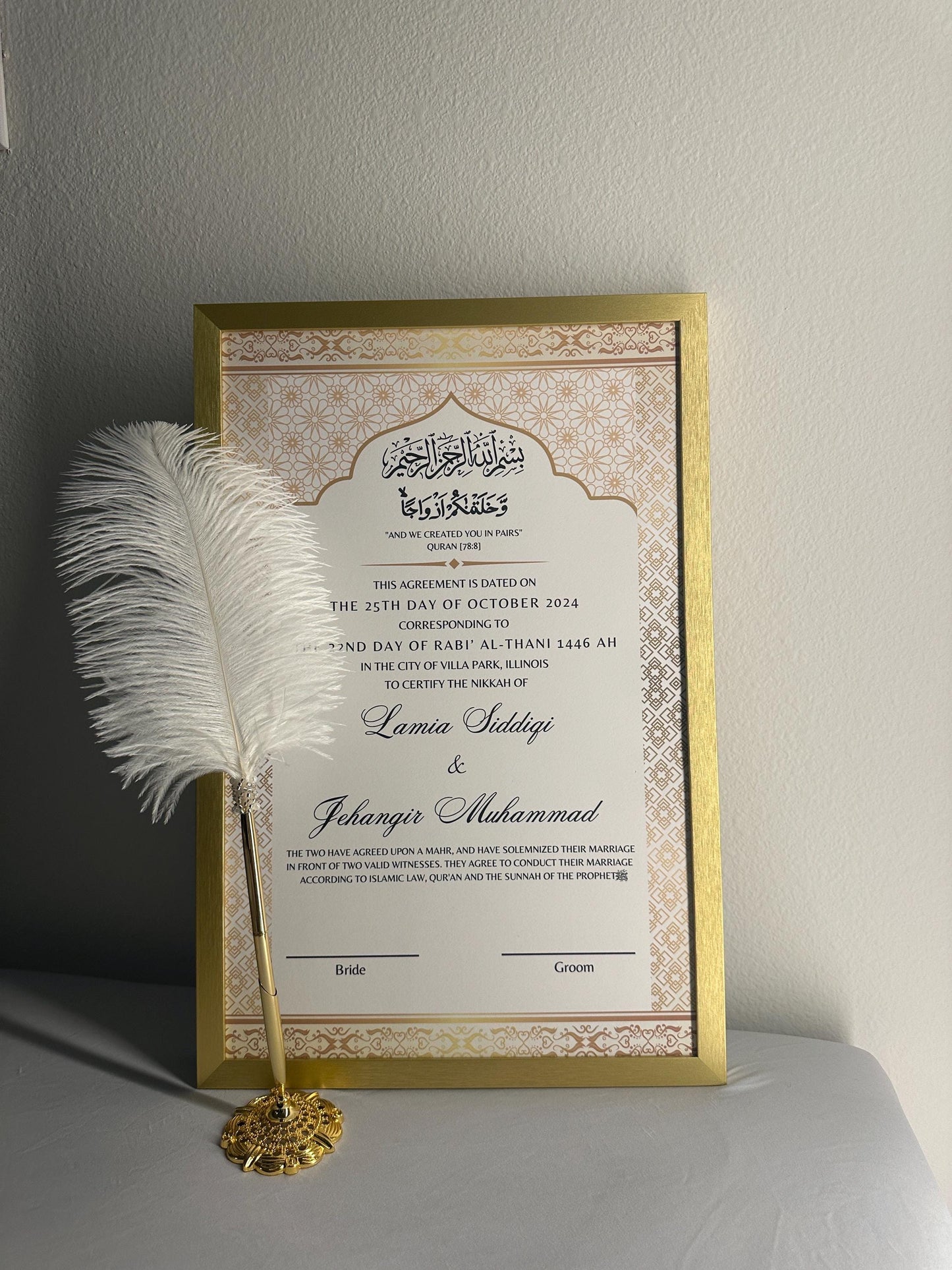 PRINTED Luxury Nikkah Contract Personalized Muslim Cards Nikkanama Muslim Desi Gold Bismillah Tabloid 11x17 Size Physical Nikkah Pen Minimal