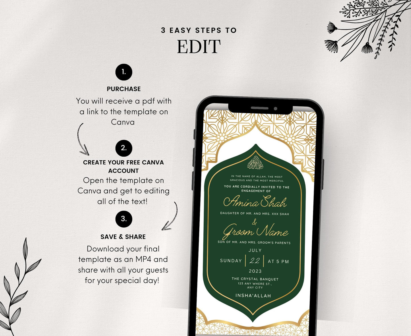 Animated Afghan Arab Moroccan Nikkah Engagement Wedding Invitation Card Digital Desi Muslim Invite Templates