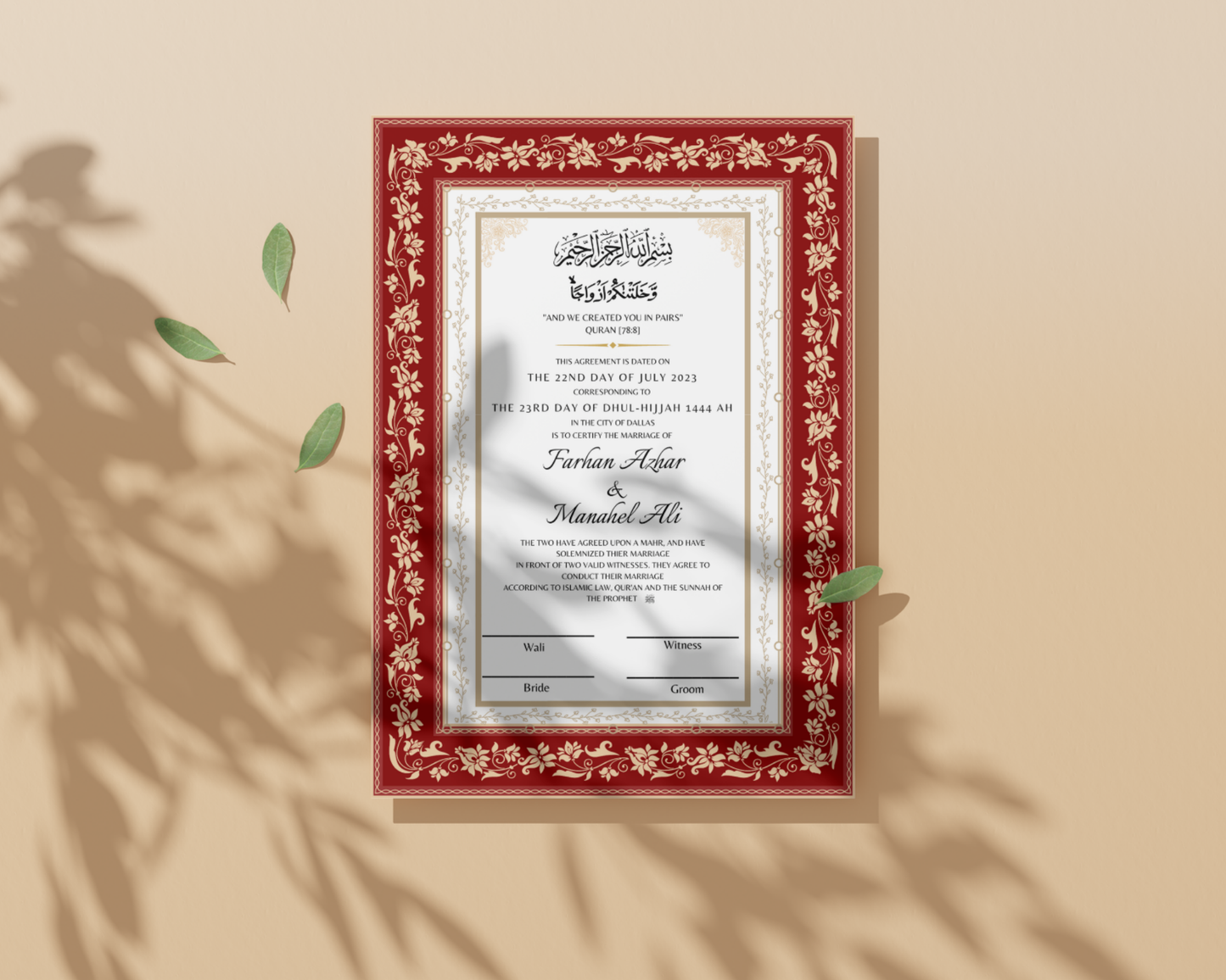 A3 Digital Nikkah Certificate - Gulzar Red