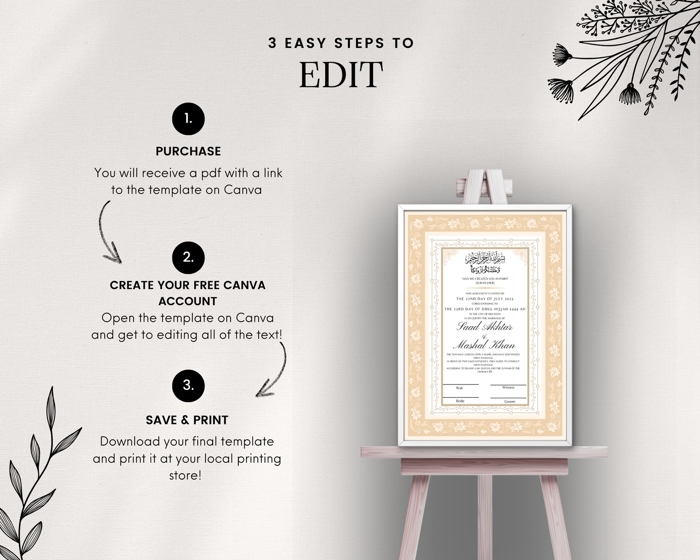 A3 Digital Nikkah Certificate - Gulzar Beige
