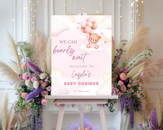 Pink Bearly Baby Shower Sign