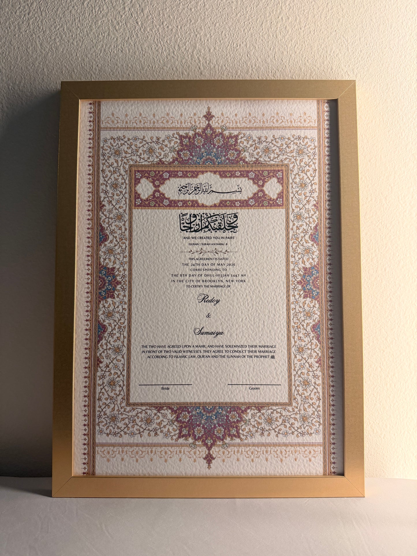 Luxury Nikkah Certificate - BAHAAR Pink