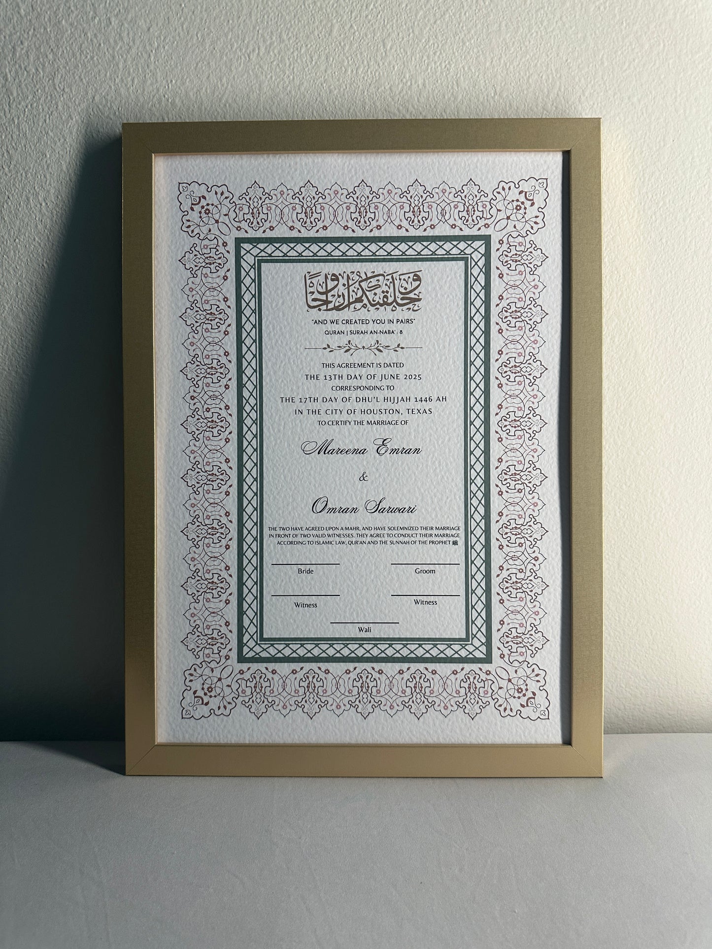 Luxury Nikkah Certificate - SHAB Pastel