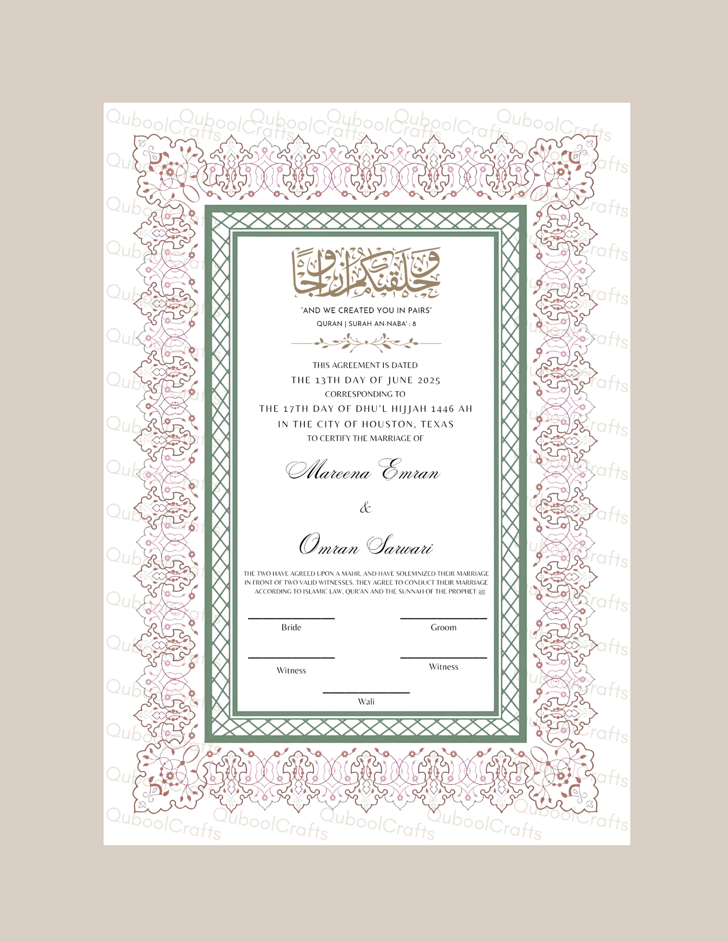 Luxury Nikkah Certificate - SHAB Pastel