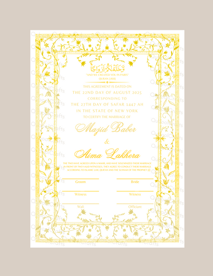 Luxury Nikkah Certificate - ZAHRINA (Gold Foiled)