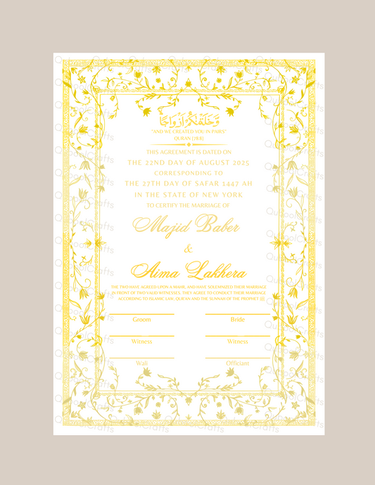 Luxury Nikkah Certificate - ZAHRINA (Gold Foiled)