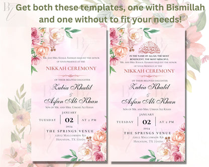Editable Nikkah Shaadi Walima Shalima Engagement Invitation Card Digital Electronic Muslim Wedding Invite Pink Pastel Invitation Nikkah Cere