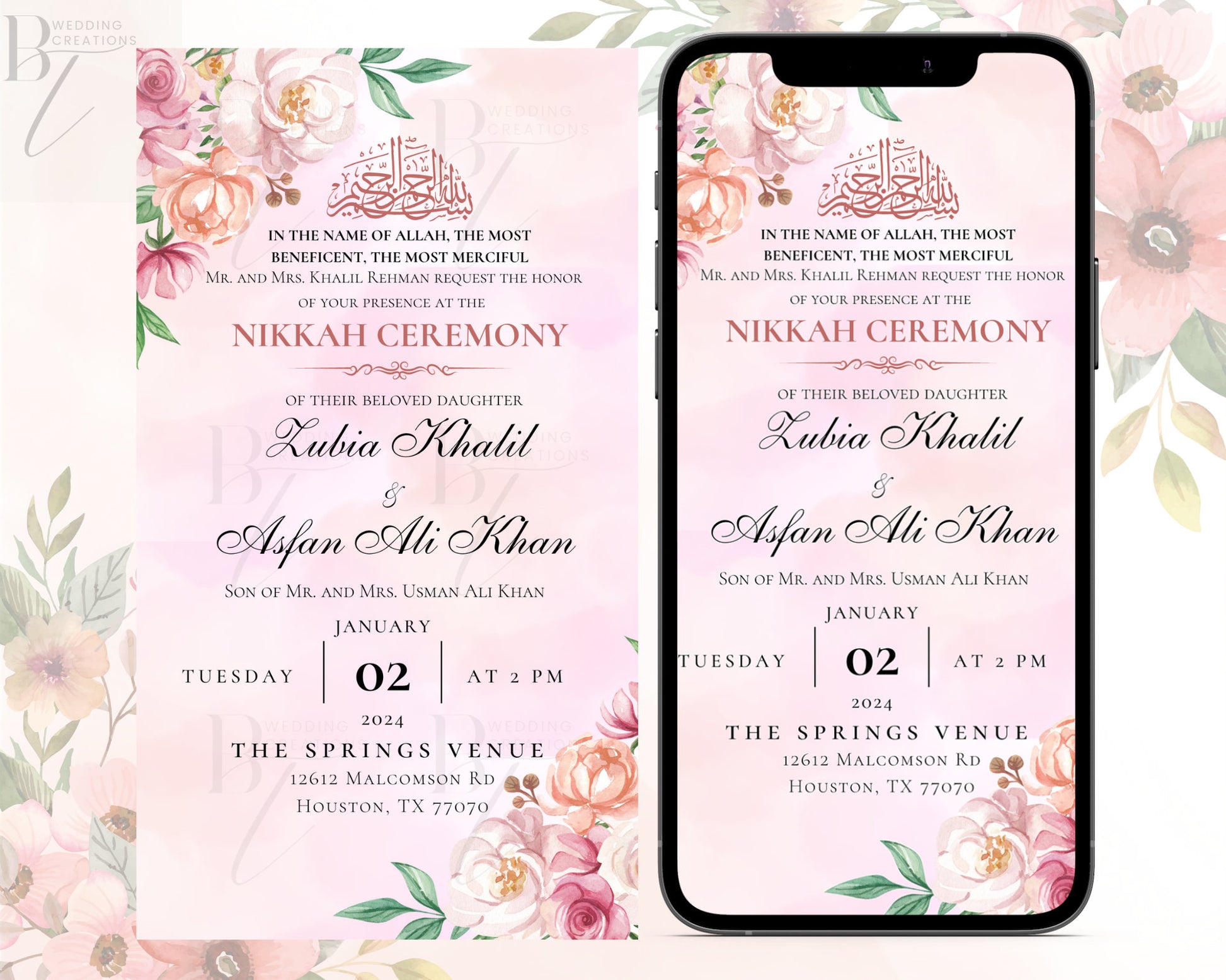 Editable Nikkah Shaadi Walima Shalima Engagement Invitation Card Digital Electronic Muslim Wedding Invite Pink Pastel Invitation Nikkah Cere