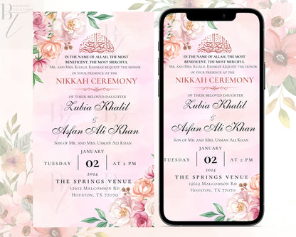 Editable Nikkah Shaadi Walima Shalima Engagement Invitation Card Digital Electronic Muslim Wedding Invite Pink Pastel Invitation Nikkah Cere