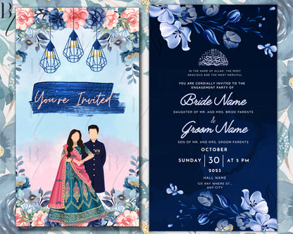 Animated Royal Ice Blue Engagement Walima Shaadi Nikkah Wedding Digital Desi Muslim Invitation Card Template Pink Instant Download Floral