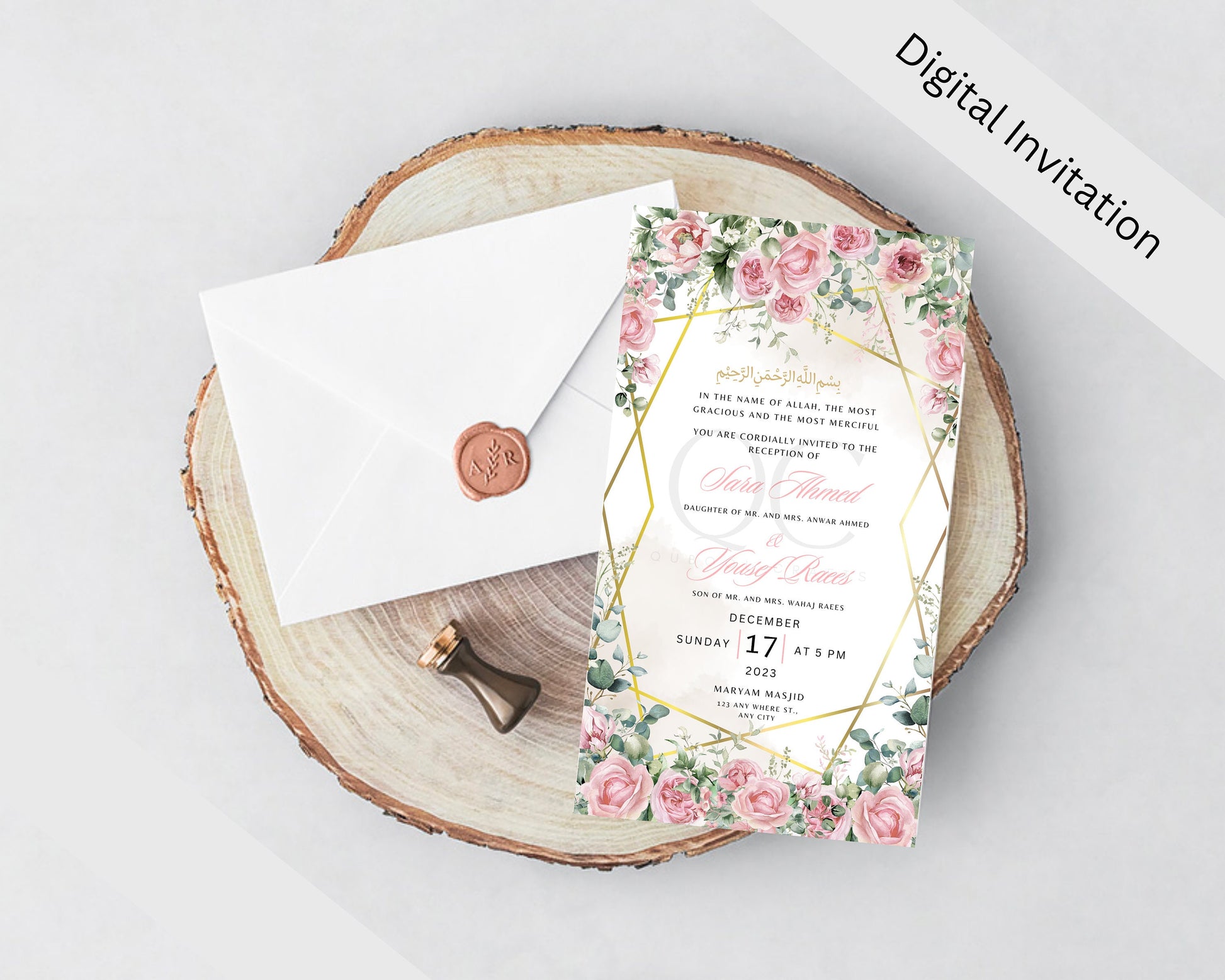Animated Pink Digital Walima Shaadi Nikkah Ceremony Wedding Engagement Muslim Desi Invitation Invite Template Floral Blush Peach Reception