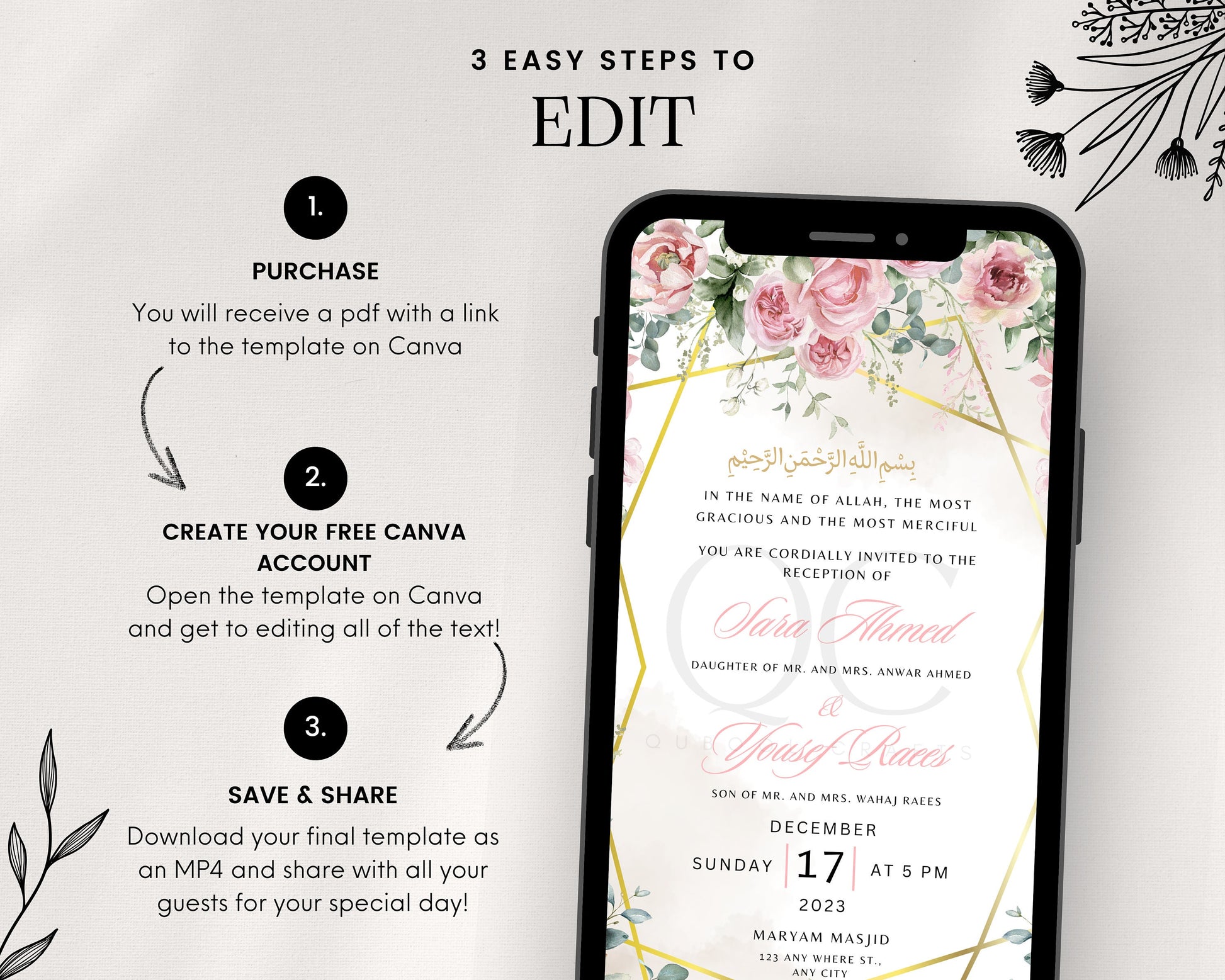 Animated Pink Digital Walima Shaadi Nikkah Ceremony Wedding Engagement Muslim Desi Invitation Invite Template Floral Blush Peach Reception