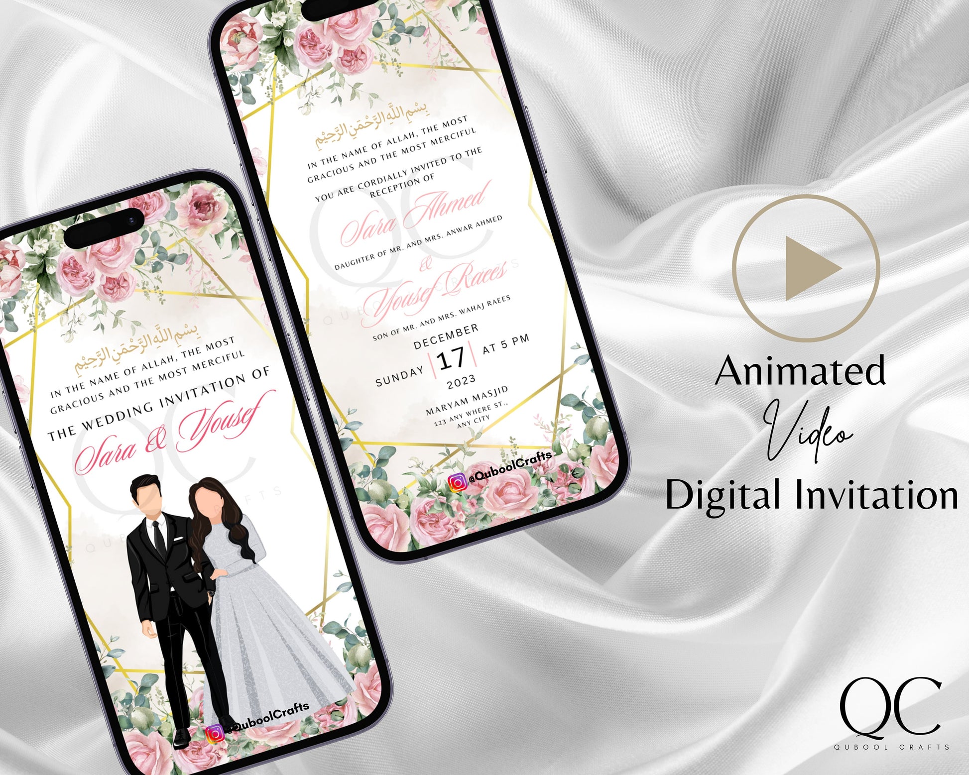 Animated Pink Digital Walima Shaadi Nikkah Ceremony Wedding Engagement Muslim Desi Invitation Invite Template Floral Blush Peach Reception