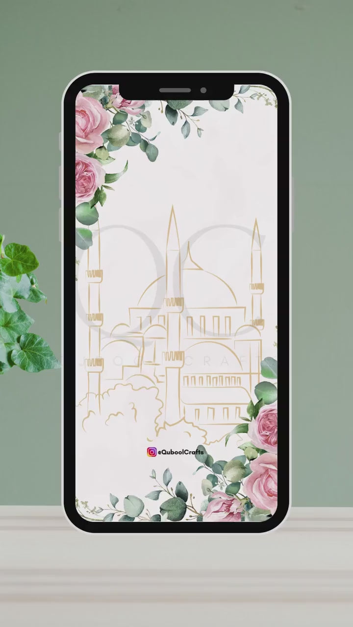 Animated Pink Digital Shaadi Nikkah Ceremony Walima Wedding Engagement Muslim Desi Invitation Invite Card Template Floral Masjid Pastel